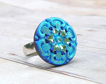 Blue Flower - adjustable Czech glass button ring