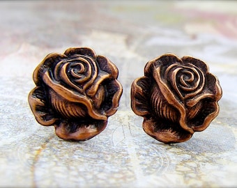 Antique Copper Rose post earrings, titanium posts - P102