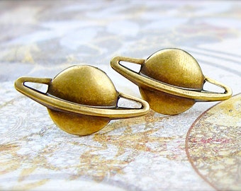 Saturn - antique brass surgical steel post earrings, celestial, planet, universe earrings - P135