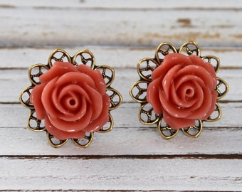 Ginger Spice Rose - vintage style antique brass rose surgical steel post earrings - Secret Garden Collection