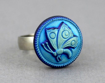 Butterfly in matte blue - adjustable Czech glass button ring, repurposed, up cycled statement ring