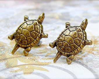 Brass Turtle - antique finish post earrings - P147