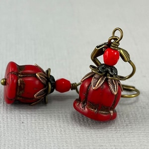 Red Bells - Victorian vintage style antique brass drop earrings, lily of the valley earrings, flower dangle earrings