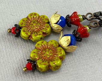 Avocado Green Wild Rose earrings - vintage Victorian style antique brass drop, floral leverback earrings, boho