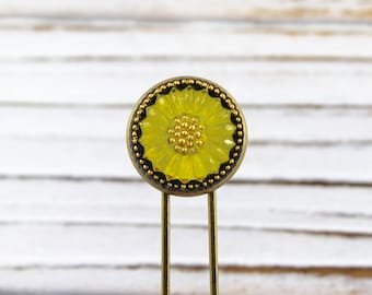 Sunny Yellow Sunflower Hair Pin - up cycled, repurposed Czech glass button two prong pin