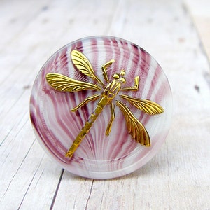 SALE - Gilded Dragonfly - adjustable Czech glass button ring