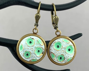 Mint Green Puppy - vintage Czech glass button dangle earrings, up-cycled jewelry, repurposed jewelry - DE101