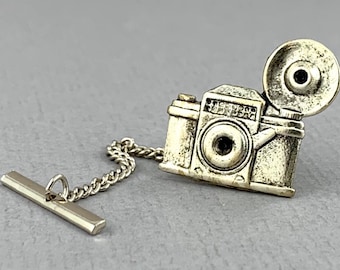 Old Fashioned Camera - antique silver plated finish photo camera with flash tie tack, photographer gift