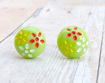 Daisy Trio in Spring Green - vintage glass button post earrings