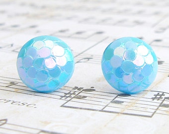 Blue Disco Ball - vintage glass button post earrings