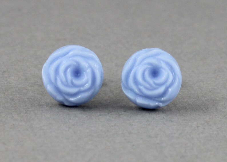 Blue Cabbage Rose vintage glass button titanium post earrings, repurposed jewelry, up-cycled jewelry image 5