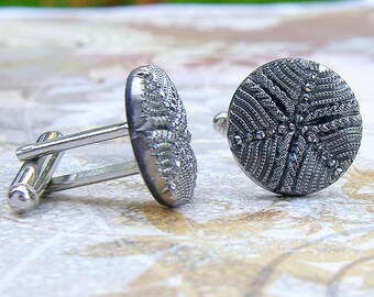 Pizza Pie in silver - Vintage 1950's - 1960's West German glass button cufflinks, repurposed, up cycled cuff links, gift for dad, wedding