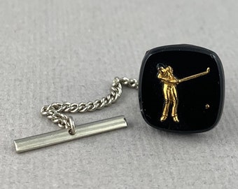 Golfer - vintage glass, antique silver plated finish tie tack, golfer gift, gift for Dad, husband, sport fan gift
