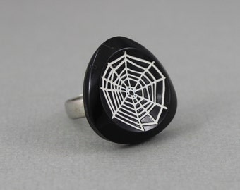Spider Web - adjustable Vintage glass button statement ring, repurposed, up cycled steampunk goth retri ring