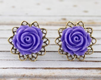 Lavender Rose - vintage, Victorian style antique brass rose post earrings - Secret Garden Collection