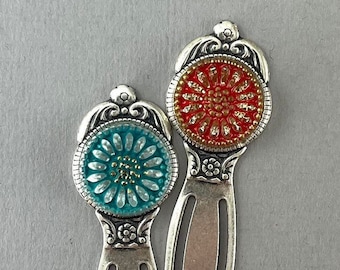 Mirrored Red or Teal Sunflower - vintage style antique silver bookmark, vintage glass button book lover gift, librarian, teacher gift -BK128