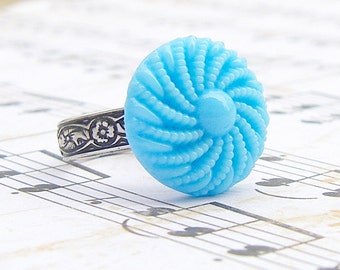 Blue Twirl - adjustable vintage Czech glass button ring