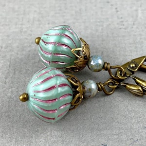 Seafoam Green and Orchid Buds - vintage style antique brass earrings, tiny, small, little earrings