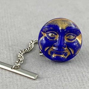 Gilded Blue Moon - Czech glass button tie tack, celestial pin
