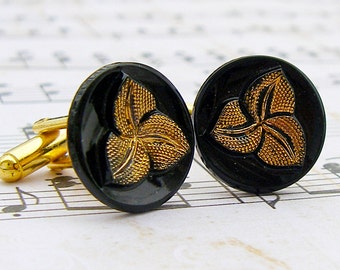 Gilded Leaf - vintage glass button cufflinks