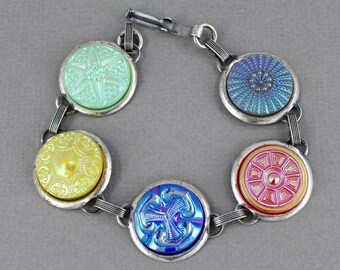 Colorful Czech glass button bracelet, repurposed jewelry, up-cycled jewelry, antique silver finish