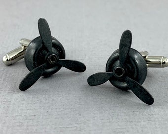 Propeller cufflinks - black finish aviation cufflinks, plane, transportation, spinner, movable propeller, steampunk