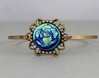 Metallic Blue Rose  - vintage Czech glass button bangle bracelet, repurposed jewelry, up-cycled jewelry