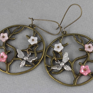 Bee Tree - vintage style antique brass earrings, tree of life earrings