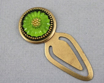 Green Sunflower - vintage style antique brass bookmark with Czech glass button, up-cycled bookmark, repurposed bookmark - BK111