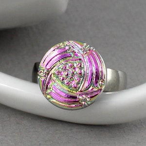 Pink Metallic Rainbow - adjustable Czech glass button ring, repurposed jewelry, up cycled ring