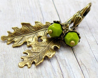 Wasabi Green Acorn earrings - vintage style antique brass earrings, fall, autumn, nature, woodland jewelry