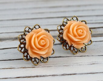 Peach Rose - vintage, Victorian style antique brass rose post earrings - Secret Garden Collection