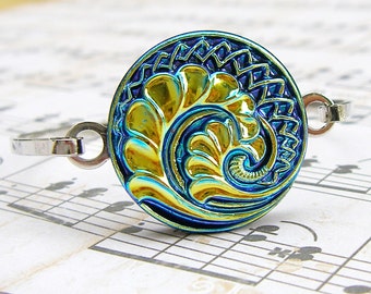 Aqua Blue Fern - Czech glass button bangle bracelet - repurposed jewelry, up-cycled jewelry