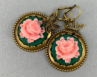 Dotted Edge Pink Rose dangle earrings, butterfly earrings, romantic, gift for her, for Mom, hunter green and pink earrings, cameo earrings