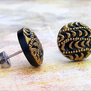 Golden Wave - Czech glass button post earrings