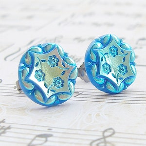 Cut Blue Daisies vintage glass button post earrings, up-cycled jewelry image 3