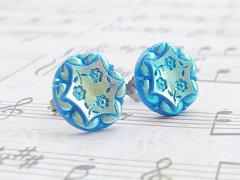 Cut Blue Daisies vintage glass button post earrings, up-cycled jewelry image 3