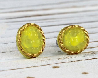 Gilded Edge Bumpy Gummies in Yellow - vintage glass button oval shaped stud earrings, repurposed jewelry, up cycled earrings