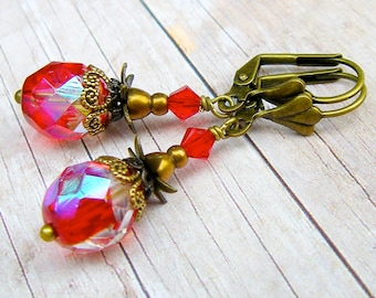 Pineapple - vintage Victorian style antique brass earrings, red drop earrings