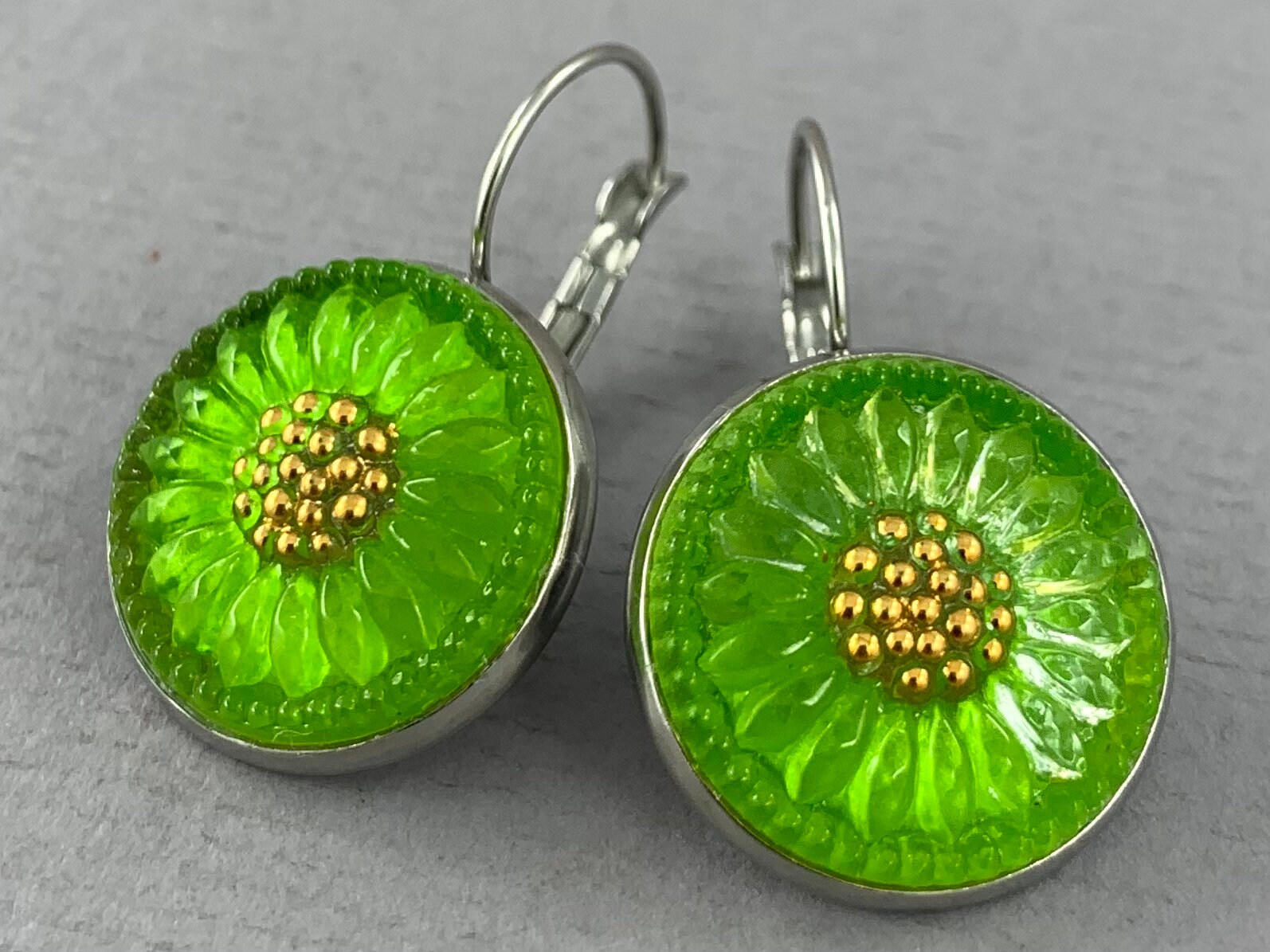 Gilded Lime Green Sunflower - Czech Glass Button Surgical Steel