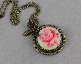 Carved Rose Necklace in Coral and Green - antique brass flower cameo and bee necklace