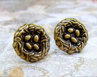 Bird Nest - antique brass post earrings - P187