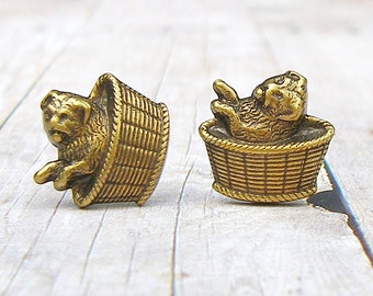 Puppy - antique brass post earrings - P211