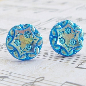 Cut Blue Daisies vintage glass button post earrings, up-cycled jewelry image 2