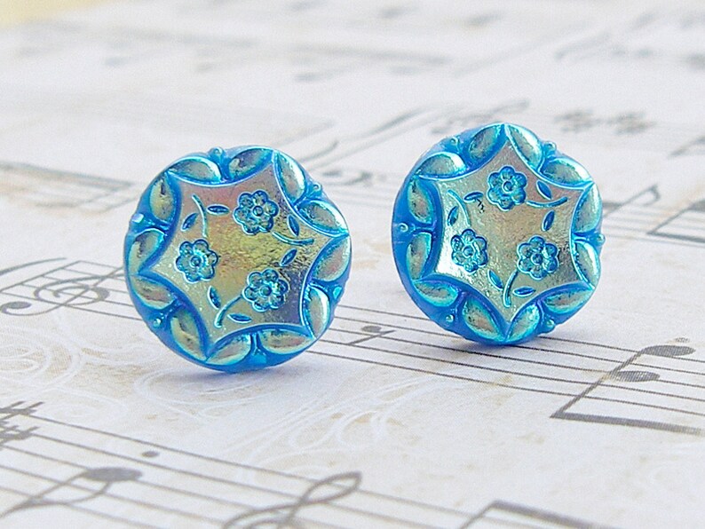 Cut Blue Daisies vintage glass button post earrings, up-cycled jewelry image 2