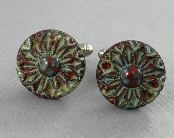 Red Flower with beige picasso finish - Czech glass button cufflinks, repurposed, up cycled, groomsman, gift for Dad, Farther's Day