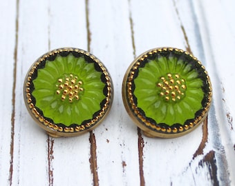 Lime Green Sunflower - Czech glass button clip-on earrings, repurposed, up cycled clips