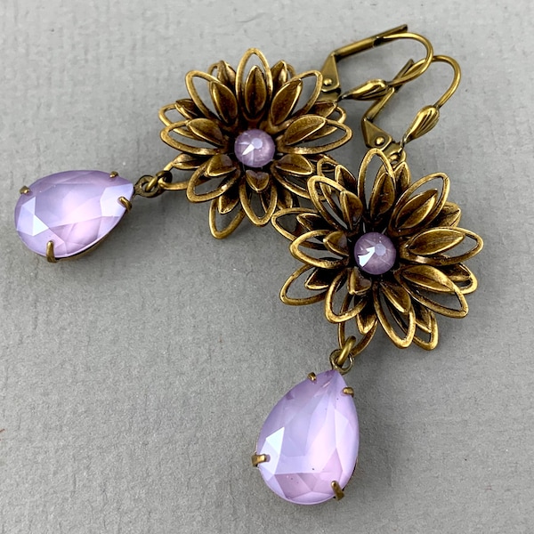 Crystal Lilac Aster Flowers - vintage style antique brass and Swarovski crystal earrings - Sweet Adornments Collection