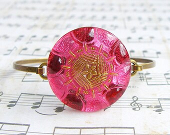 Pink Berry Candy Crush - Czech glass button bangle bracelet, repurpose, up cycled jewelry