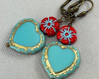 Sky Blue Heart - boho style antique brass drop earrings, red flower leverback earrings, vintage style
